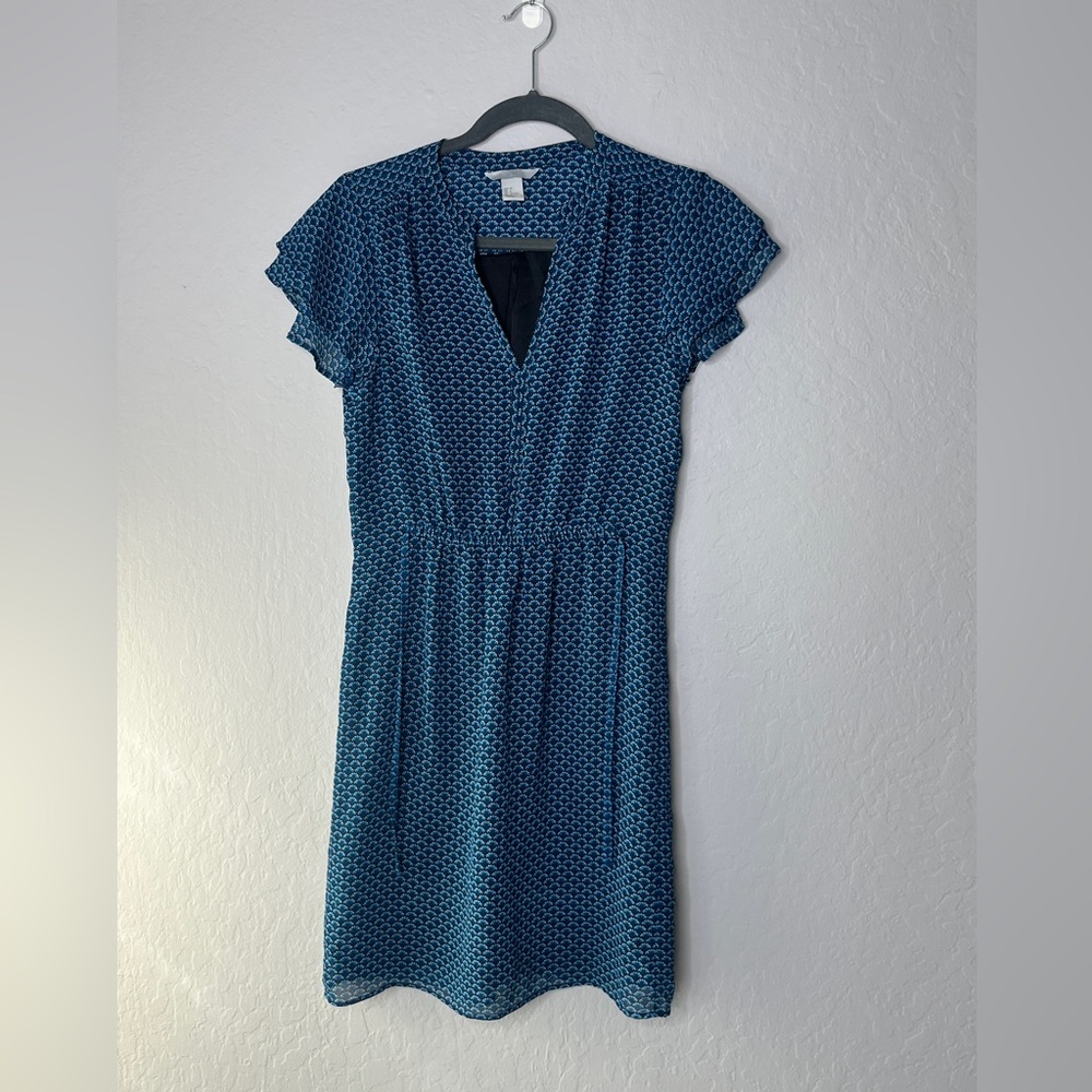 H&M blue drawstring  dress flutter sleeves size 4